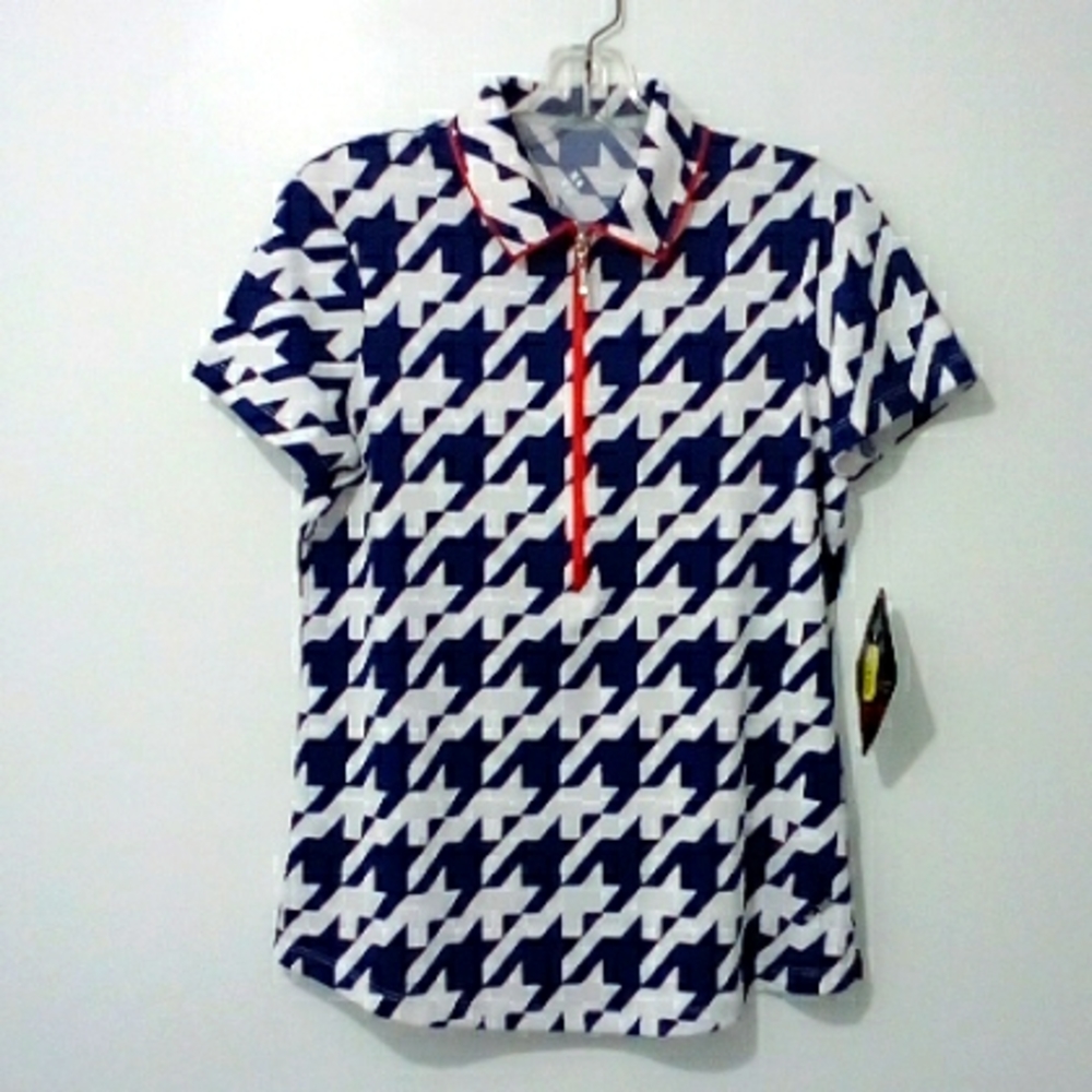 Jofit blue white red houndstooth print top